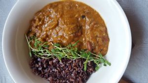 Baked Tempeh and Eggplant Masala with Kidney Beans and Wild Black Rice