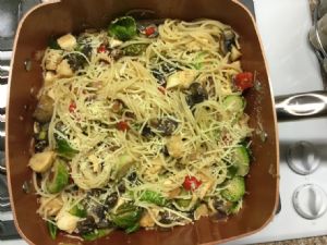 Mediterranean Spaghetti with Scallops and Brussel Sprouts