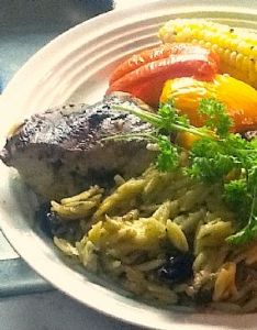 Mediterranean Stuffed Chicken with Orzo and Roasted Vegetables