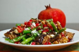 Roasted Eggplant, Red Pepper and Green Bean Pomegranate Salad