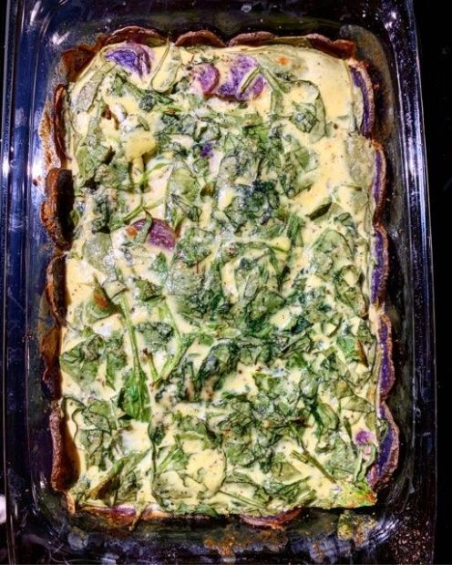 Spinach and Purple Potato Egg Parmesan Casserole 