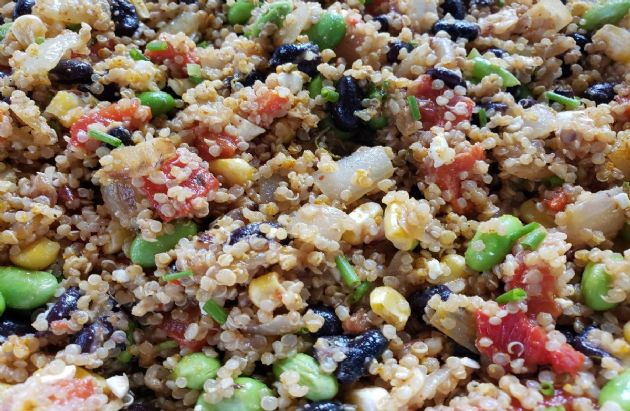 Quinoa Salad with Corn, Roasted Red Peppers Edamame and Black Beans