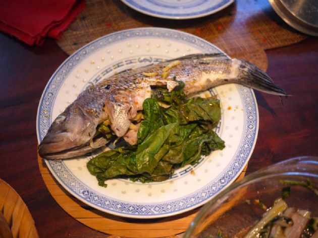 Asian Steamed Sea Bass with Swiss Chard and Rice