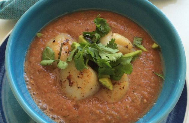 Avocado Gazpacho with Seared Scallops 