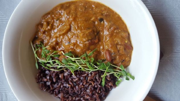 Baked Tempeh and Eggplant Masala with Kidney Beans and Wild Black Rice