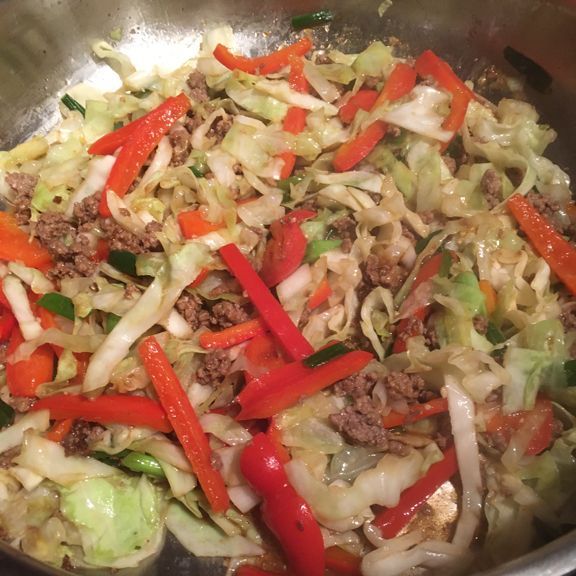 Black Pepper Beef, Cabbage, Mushrooms and Bell Pepper Stir Fry