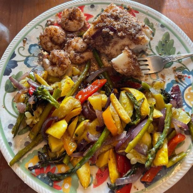 Cajun Pecan Crusted Cod-Shrimp Veggie Sheet Pan