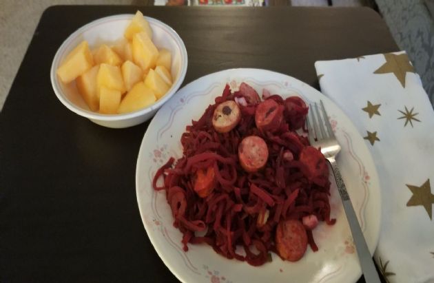 Chicken and Sausage Fresh Red Beet Spirals Skillet