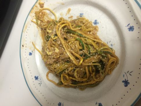 Chicken lo mein with peanut sauce and zucchini and squash noodles