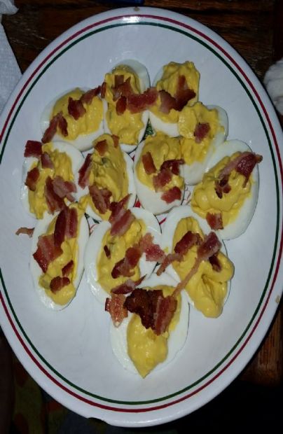 Deviled eggs ( whip miracle whip, mustard, relish and bacon)