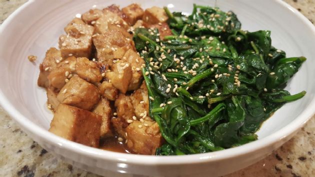 Garlic Honey Tofu and Spinach