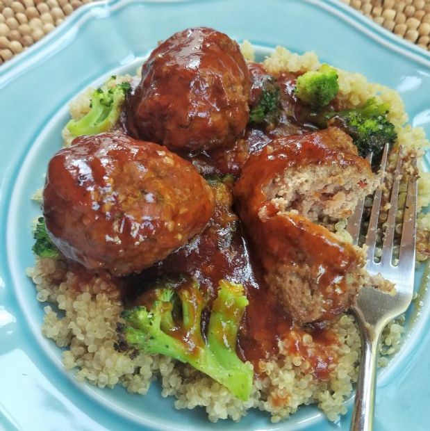 Honey Garlic Meatballs over Broccoli and Quinoa