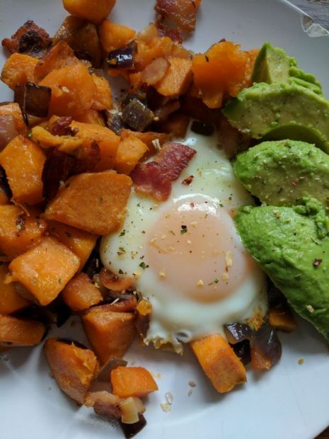 Smoky Bacon Sweet Potato Hash & Eggs