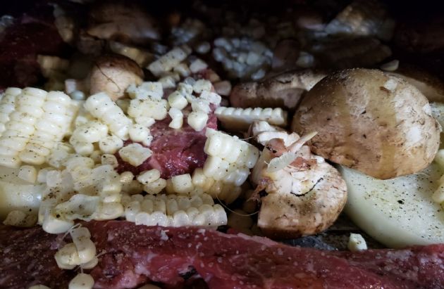 Steak tips with mushrooms and onions