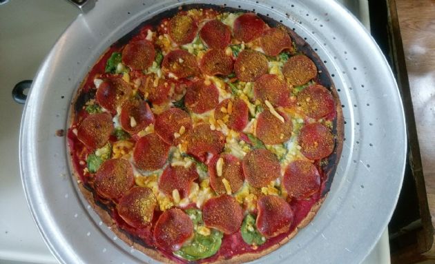 Turkey pepperoni pizza with vegan soft and mozzarella cheeze