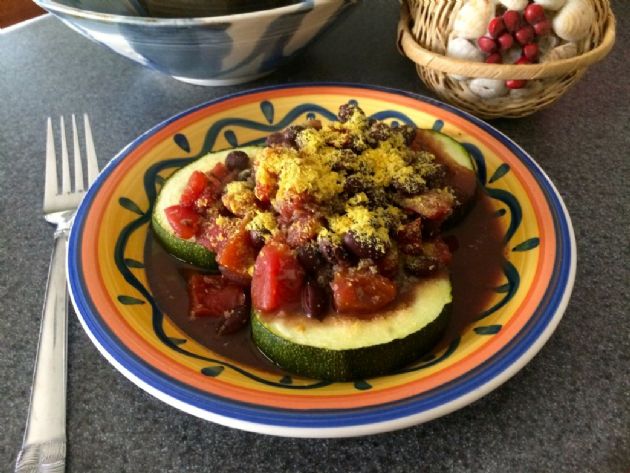 Vegan/Gluten Free Black Bean/Tomato over Baked Garlic Zucchini