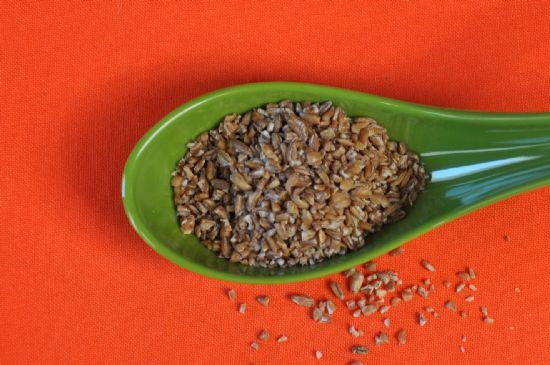 nut-crusted eggplant with tomato paste bulgar