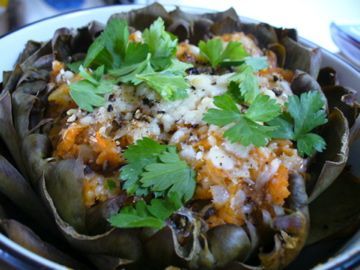 Garlicky Smashed Potato Stuffed Artichokes