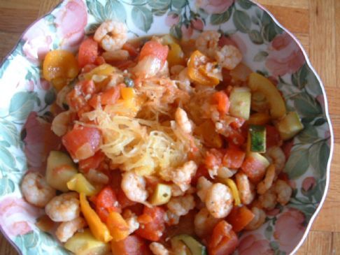 Roasted Spaghetti Squash with Veggie Tomato Sauce & Shrimp