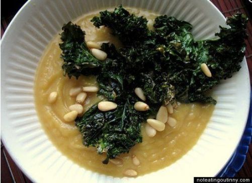 Acorn Squash Soup with Roasted Kale and Pinenuts