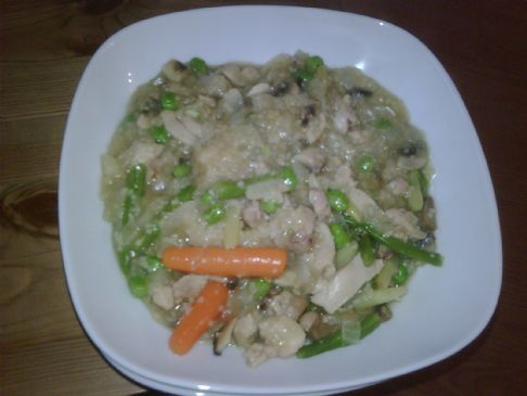 Chicken, couscous peas mushrooms and carrots