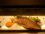 Pan fried Bass, Carrot puree, Spring veg and parma ham nage