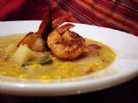 Poblano-Corn chowder with Grilled Shellfish