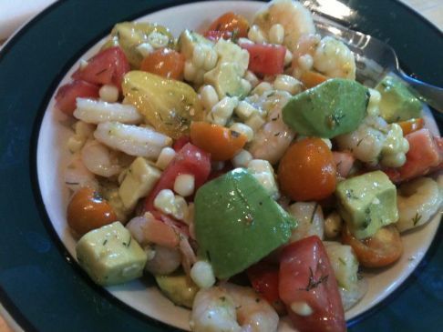Tomato, Avocado, Corn and Shrimp Salad in Lemony Dill Dressing