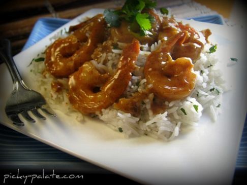 Sweet and Spicy Almond Glazed Shrimp Over Brown Rice