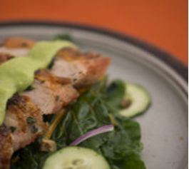 Roast Turkey Breast and Avocado Cream on a Bed of Greens