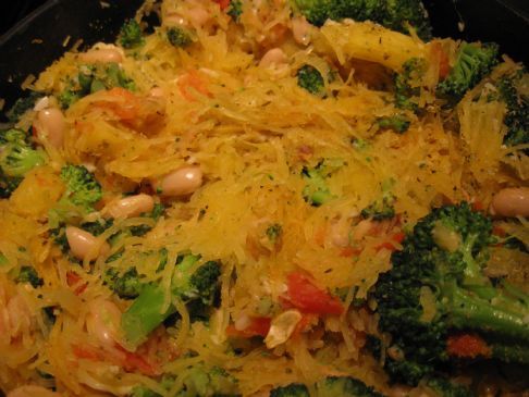 Roasted Spaghetti Squash with Garlic, Broccoli, Beans, and Tomatoes