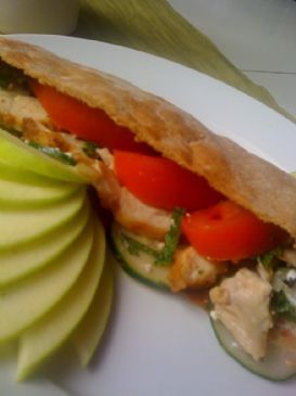 Chicken and Feta Whole Wheat Pita with Roasted Red Pepper, Eggplant, Fresh Mint, Tomato, and Cucumber