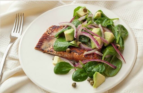 Seared Salmon with Avocado, Onion, and Fresh Spinach Relish