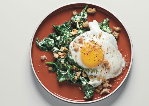 Sunny-Side-Up Eggs on Mustard-Creamed Spinach with Crispy Crumbs
