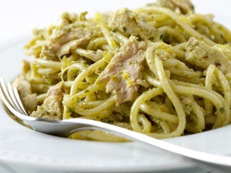 Spaghetti with Tuna & Green Olive Pesto