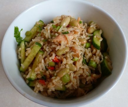 Hot smoked salmon, brown rice and flageolet bean salad