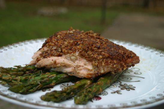 Spicy Pecan-Crusted Salmon (Shown with roasted asparagus) 