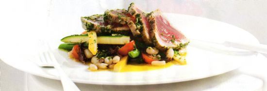 Herb-crusted poached tuna w bean & zucchini salad