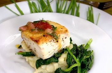 Halibut with Lemon Mashed Potatoes and Garlic Spinach