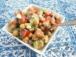 Cucumber and Tomato Salad with Marinated Garbanzo Beans, Feta, and Herbs 