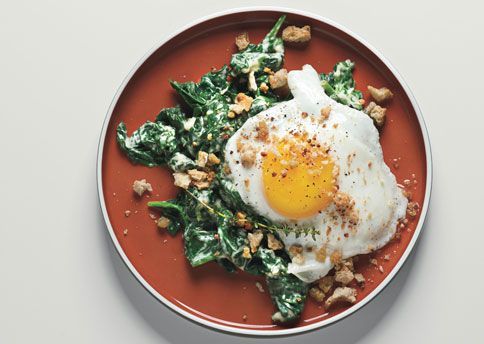 Sunny-Side-Up Eggs on Mustard-Creamed Spinach with Crispy Crumbs 