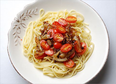 Caramelized Onions and Tomatoes over Pasta