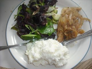 Chicken in Spicy and Sweet Onion Sauce with Goat Cheese Smashed Potatoes and a Watercress and Cucumber Salad