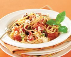 Spaghetti with Roasted Peppers, Plum Tomatoes, Goat Cheese & Basil