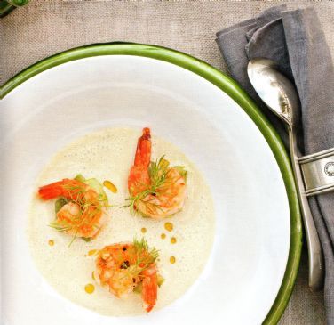 Cucumber & Dill Soup w seared ginger prawns