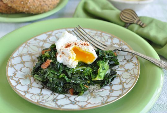 Lisa's Sauteed Breakfast Greens with Poached Eggs and Bacon