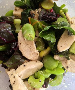 Lemon-Garlic Fava Bean, Chicken & Chard Salad