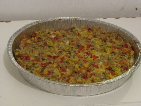 Pasta cheese bake with corn, sweet pepper and dill