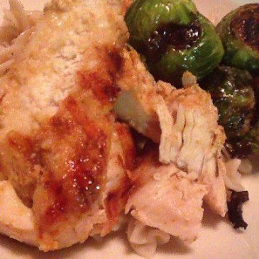 Chicken with pasta, roasted Brussels sprouts and lemon butter tarragon sauce