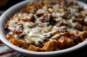 Basil Scalloped Tomatoes with Croutons